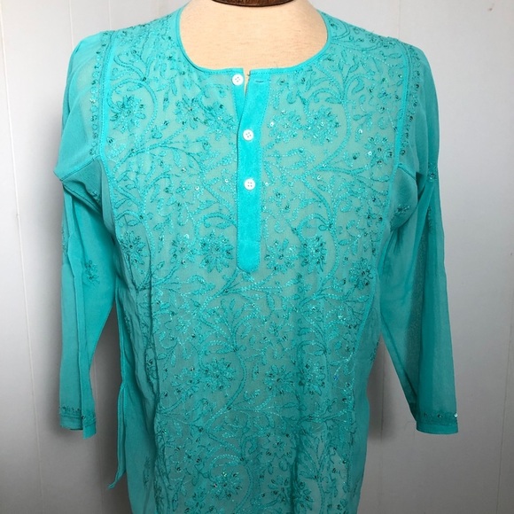 - Womens Aqua Blue & Sequins Sheer Top. Small - Picture 2 of 9